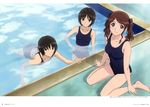  absurdres amagami black_hair bob_cut brown_eyes brown_hair gouda_hiroaki highres light_smile messy_hair multiple_girls nakata_sae nanasaki_ai non-web_source official_art one-piece_swimsuit pool school_swimsuit short_hair sitting swimsuit tachibana_miya wariza 