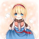  alice_margatroid blonde_hair blue_eyes blush brown_scarf hairband mittens scarf short_hair smile solo striped striped_scarf touhou yuya_(night_lily) 