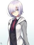  1girl black_shirt blue_eyes fate/grand_order fate_(series) grey_sleeves hair_over_one_eye hood hood_down hooded_jacket jacket long_sleeves looking_at_viewer mash_kyrielight necktie nikame open_clothes open_jacket red_neckwear shirt short_hair silver_hair simple_background smile solo standing upper_body white_background white_jacket 