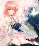  bare_shoulders breasts bug butterfly cherry_blossoms cleavage insect japanese_clothes medium_breasts off_shoulder open_clothes petals pink_eyes pink_hair saigyouji_yuyuko short_hair sitting smile socks solo touhou triangular_headpiece yuyu_haruko 