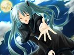  akkijin aqua_hair bad_id bad_pixiv_id closed_eyes cloud hatsune_miku long_hair night open_mouth outstretched_arm sky solo twintails very_long_hair vocaloid 