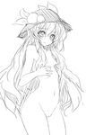  covering covering_breasts food fruit greyscale hat hinanawi_tenshi long_hair monochrome nude peach pussy solo touhou yu-ves 