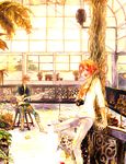  1girl :d bad_id bad_pixiv_id brown_hair camera chair greenhouse guitar instrument kurosawa_tomo music open_mouth orange_hair original plant playing_instrument potted_plant red_eyes sitting smile tree window 
