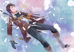  alvin_(tales) bad_id bad_pixiv_id blue_background book boots brown_eyes brown_hair coat cravat gloves gun knee_boots male_focus pants solo tales_of_(series) tales_of_xillia weapon yukimatsu 