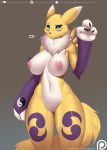  ... 2019 3_fingers anthro areola armwear big_areola big_breasts black_sclera blue_eyes breasts bridal_gauntlets canine chest_tuft claws clothing curvaceous digimon digimon_(species) dipstick_ears doomthewolf female fur mammal markings mostly_nude multicolored_fur muscular_thighs nipples pussy renamon small_waist solo tuft white_fur yellow_fur 
