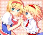  alice_margatroid blonde_hair blue_eyes blush bow capelet dress green_eyes hair_bow hairband heart holding_hands madara_hio matsushita_yuu multiple_girls one_eye_closed open_mouth ribbon short_hair smile touhou 