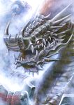  armor dragon fog gigandal horns monster no_humans pixiv_fantasia pixiv_fantasia_3 red_hair scales sharp_teeth solo teeth tusks white_eyes wings 