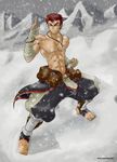  abs bandages bracelet fighting_stance highres jewelry kawa-v kazan_(kawa-v) male_focus muscle necklace original red_hair shirtless snow solo 