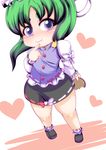  1girl absurdres blue_eyes child chocolate eating female flat_chest green_hair heart highres loli poikoro shiki_eiki shikieiki_yamaxanadu short_hair skirt standing touhou valentine 