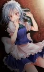  absurdres apron bad_id bad_pixiv_id bow braid clenched_teeth constricted_pupils green_ribbon grey_hair hair_bow hair_ribbon hand_to_own_mouth highres izayoi_sakuya letterboxed maid maid_headdress red_eyes ribbon s-syogo short_hair silver_hair solo teeth touhou twin_braids waist_apron 