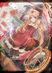  alice_(wonderland) alice_in_wonderland arms_up bad_id bad_pixiv_id black_gloves blonde_hair breasts brown_legwear card chain cleavage dress gloves highres long_hair medium_breasts playing_card red_eyes ribbon shisu_(binzo3) solo stopwatch thighhighs watch 