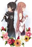  1girl asuna_(sao) back-to-back black_hair brown_eyes brown_hair detached_sleeves elbow_gloves flower gloves half_updo hands_clasped itsui_(dihydrogenmonoxid) kirito long_hair own_hands_together sword sword_art_online weapon 