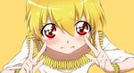  bad_id bad_pixiv_id blonde_hair bracelet double_v earrings eyelashes eyes fate/zero fate_(series) gilgamesh jewelry male_focus necklace parody precure red_eyes simple_background smile_precure! solo style_parody v yaki-6 