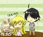  ^_^ araragi_koyomi blonde_hair blush_stickers chibi closed_eyes doughnut eating food hair_over_one_eye highres long_hair mister_donut monogatari_(series) nisemonogatari oshino_shinobu pastry_box pon_de_lion pon_de_ring sitting standing 