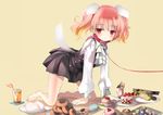  all_fours animal_ears barefoot bdsm blush bondage bound cake candy cherry collar cravat dog_collar dog_ears dog_tail doughnut dress drinking_straw dumpling food fruit fuyouchu highres inu_x_boku_ss kemonomimi_mode lollipop long_sleeves name_tag open_mouth package pink_eyes pink_hair rope roromiya_karuta short_hair simple_background slave snack solo tail twintails water 