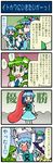  &gt;_&lt; 4koma :d ? artist_self-insert backpack bag blonde_hair blue_eyes blue_hair closed_eyes clothes_writing comic crowd detached_sleeves green_eyes green_hair hat heart heterochromia highres jaxa kawashiro_nitori kirisame_marisa kochiya_sanae long_hair long_tongue mizuki_hitoshi multiple_girls open_mouth pocket real_life_insert red_eyes shirt short_hair skirt smile sweat tatara_kogasa tongue touhou translated two_side_up umbrella vest witch_hat yellow_eyes 