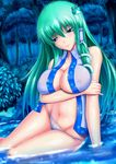  aqua_eyes arm_support bare_shoulders breast_hold breasts cleavage covered_nipples forest frog green_hair hair_ornament highres kochiya_sanae large_breasts long_hair nature navel night no_bra no_pants open_clothes open_shirt panties pubic_hair see-through shirt sleeveless snake snappop solo thighs touhou underwear very_long_hair water white_panties 