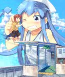  aizawa_eiko blue_eyes blue_hair brown_hair cheek_pinching dress giantess hat ikamusume kikiki_(hiya_mikan) long_hair multiple_girls pinching shinryaku!_ikamusume short_hair tentacle_hair 