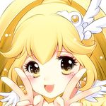  :d blonde_hair choker cure_peace double_v earrings eyelashes face hair_flaps hair_ornament hairpin jewelry kise_yayoi long_hair open_mouth precure smile smile_precure! solo v wide_ponytail yellow yellow_choker yellow_eyes yoshii_yumi 