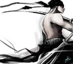  acidiceffect bandana dated from_behind haramaki male_focus monochrome muscle one_piece profile roronoa_zoro shirtless signature solo sword weapon 