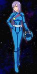  bad_id bad_pixiv_id breasts gundam gundam_zz helmet kappa_ya long_hair medium_breasts pilot_suit purple_eyes purple_hair roux_louka smile solo space 