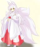  animal_ears copyright_request green_eyes highres long_hair multiple_tails solo tail white_hair yu-ves 