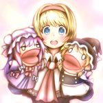  alice_margatroid apron blonde_hair blue_eyes blush bow capelet character_doll coat dress hair_ribbon hairband hand_puppet hat kirisame_marisa long_hair o_o open_mouth patchouli_knowledge puppet purple_dress purple_hair ribbon short_hair shuu_(sirokumasabu) solo touhou upper_body witch_hat 