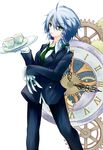  alternate_costume bad_id bad_pixiv_id braid butler clock cup female_butler formal gears gloves green_eyes hair_ribbon izayoi_sakuya knife necktie pant_suit plate ribbon saucer short_hair silver_hair solo suit teacup touhou tray twin_braids yuuhagi_(amaretto-no-natsu) 