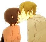  1girl brown_hair closed_eyes couple durarara!! from_behind hetero hood hoodie kida_masaomi kiss mikajima_saki non-web_source ruku_(rk) short_hair 