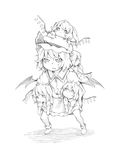 bat_wings carrying chibi chibi_on_head child clone flandre_scarlet four_of_a_kind_(touhou) greyscale hat hat_ribbon monochrome multiple_girls on_head remilia_scarlet ribbon shirt siblings side_ponytail sisters skirt skirt_set takeuma touhou wings 