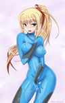  blonde_hair blue_eyes blush bodysuit breasts embarrassed hair_ribbon highres kawa-v large_breasts long_hair metroid navel open_mouth ponytail ribbon samus_aran skin_tight solo watermark zero_suit 