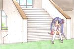  blue_eyes blue_hair hiiragi_kagami indoors long_hair lucky_star rodeorodeo school_uniform shoes sitting sitting_on_stairs skirt solo stairs twintails 