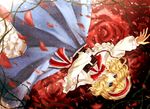  alice_margatroid bangs blonde_hair blue_eyes book bow capelet dress floral_background flower frills grimoire grimoire_of_alice headband long_sleeves open_mouth outstretched_arm petals rose rose_petals short_hair solo thorns touhou yuki_201 