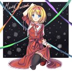  absurdres alice_margatroid alternate_color amemiya_ruki black_legwear blonde_hair blue_eyes dress fingernails hairband highres kneeling long_fingernails merry_christmas nail_polish open_mouth ribbon short_hair solo thighhighs touhou 