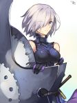  1girl breasts breasts_apart eyes_visible_through_hair fate/grand_order fate_(series) gloves hair_over_one_eye mash_kyrielight medium_breasts nikame purple_eyes shield short_hair silver_hair simple_background sleeves smile solo standing sword weapon white_background 