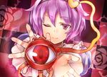  bad_id bad_pixiv_id foreshortening hairband heart komeiji_satori one_eye_closed pink_eyes purple_hair short_hair smile solo third_eye tooda_riko touhou 