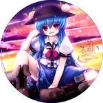  album_cover blue_dress blue_hair boots cover dress food fruit hat hinanawi_tenshi long_hair open_mouth peach red_eyes sitting sky smile solo touhou tsubasa_(abchipika) 
