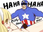  1girl blonde_hair breasts captain_america censored crossover english hairband hetero imminent_rape kise_yayoi laughing marvel medium_breasts nipples niwatori_kokezou nude penis precure scared smile_precure! thighs yellow_eyes 