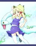  blonde_hair frog hair_ribbon hat highres mary_janes moriya_suwako open_mouth ribbon shoes short_hair skirt snake solo souko_souji thighhighs touhou white_legwear yellow_eyes 