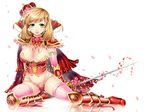  bad_id bad_pixiv_id blonde_hair boots breasts cape cleavage crown earrings elbow_gloves flower full_body gloves green_eyes groin hair_ornament jewelry large_breasts lips matsurika_youko navel necklace original pearl petals pink_legwear queen rose smile solo supportasse sword thighhighs weapon white_background 
