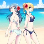  beelzebub_(manga) bikini blonde_hair blue_eyes blue_hair breasts flower green_eyes hilda_(beelzebub) kunieda_aoi long_hair open_mouth swimsuit 