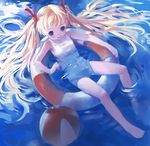  barefoot blonde_hair blue_eyes child flat_chest innertube long_hair ocean one-piece_swimsuit original partially_submerged ribbon smile solo swimsuit twintails very_long_hair water white_swimsuit zrero 