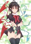  ahoge asymmetrical_wings bad_id bad_pixiv_id black_dress black_hair black_legwear bow dress dress_tug heart holding_arm houjuu_nue no_panties pointy_ears red_eyes short_hair smile snake solo takaharu thighhighs touhou wings zettai_ryouiki 