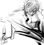  acidiceffect dated greyscale hair_over_one_eye kicking kiseru male_focus monochrome muscle one_piece open_clothes open_shirt pants pipe sanji shirt signature smoking solo 