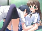  1girl blush breast_pillow breast_smother breasts brown_hair game_cg green_eyes highres itou_hinako kantoku long_hair medium_breasts natsu_no_ame open_mouth panties school_uniform skirt thighhighs underwear white_panties 