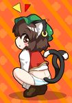  animal_ears bad_id bad_pixiv_id blush_stickers brown_eyes brown_hair cat_ears cat_tail chen chibi earrings hat jewelry looking_back mesou-san multiple_tails nekomata no_pants open_mouth panties shirt short_hair solo squatting striped striped_panties tail touhou underwear vest 