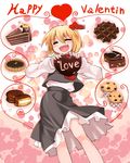  blonde_hair blush cake chocolate closed_eyes dress english fangs food frills hair_between_eyes happy happy_valentine heart highres kashuu_(b-q) open_mouth rumia shirt short_hair smile solo sweets touhou typo valentine 
