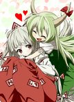  absurdres atsuki blush bow closed_eyes dress ex-keine fujiwara_no_mokou green_hair hair_bow happy heart highres horn_ribbon horns hug hug_from_behind kamishirasawa_keine long_hair multiple_girls pants red_eyes ribbon smile suspenders tail touhou very_long_hair white_hair 