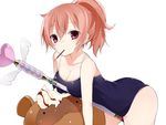  bad_id bad_pixiv_id blush breasts cleavage food inu_x_boku_ss large_breasts one-piece_swimsuit pink_eyes pink_hair pocky ponytail roromiya_karuta soburi solo swimsuit tanuki 