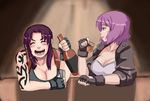  bar bare_shoulders black_lagoon blush_stickers bottle breasts cleavage colorized crossover cup drinking drinking_glass fang fingerless_gloves ghost_in_the_shell gloves holster jacket kekekeke kusanagi_motoko large_breasts laughing lips multiple_girls open_mouth purple_hair revy_(black_lagoon) short_hair shot_glass sidelocks sketch sleeves_rolled_up tattoo 